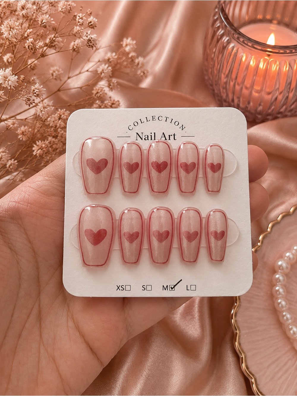 Natural Pink Cat-Eye Heart Press-On Nails | 10pc Set